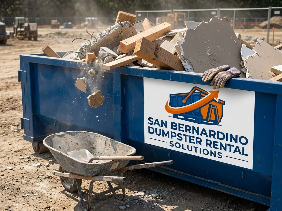 Locally owned dumpster rental company in San Bernardino CA San Bernardino Dumpster Rental Solutions container on an Inland Empire driveway